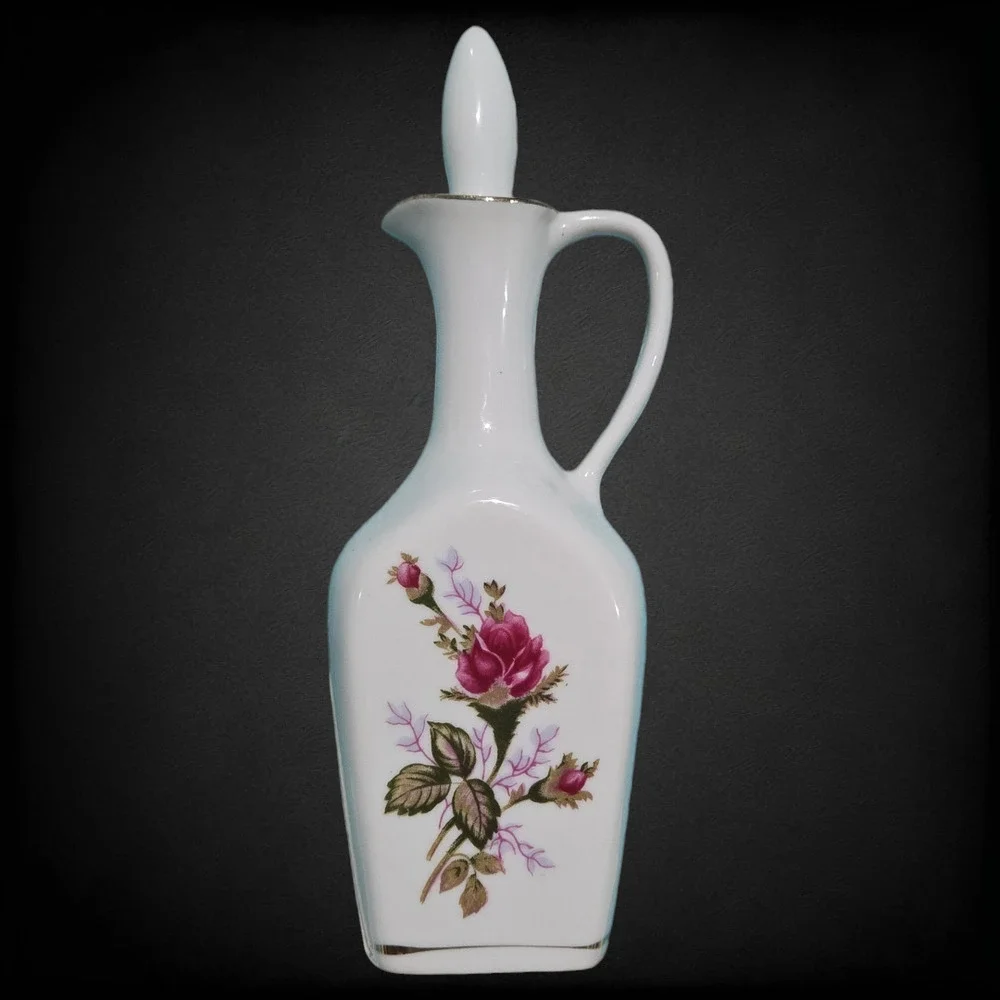 1950s Vintage Porcelain Decanter Floral Gold Trim Cork Stopper Mid-Century Cruet